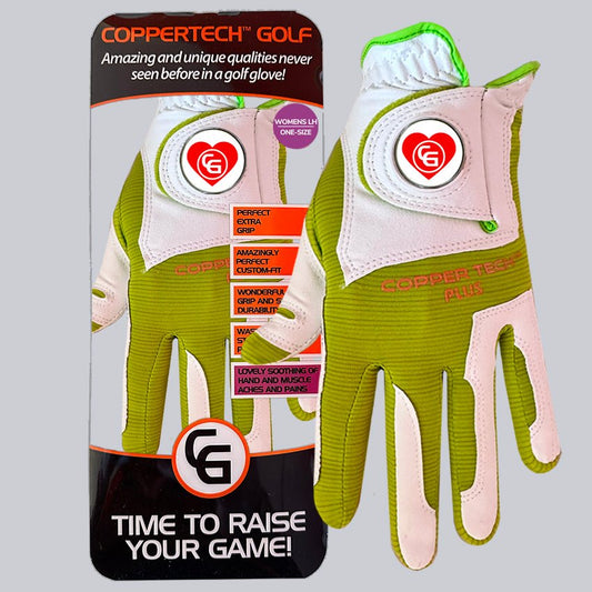 'LOVE TO GLOVE YOU' SPECIAL WHITE/LIME COPPERTECH PLUS PREMIER GRIP GOLF GLOVE